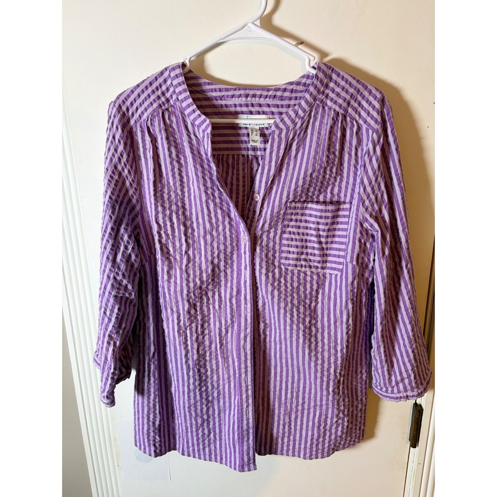 Denim & Co Purple White Seersucker Striped Button Front 3/4 Sleeve Blouse Large